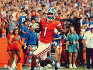 Vernell Brown III finishing off a punt return touchdown in the Gators' 52-3 win over Campbell