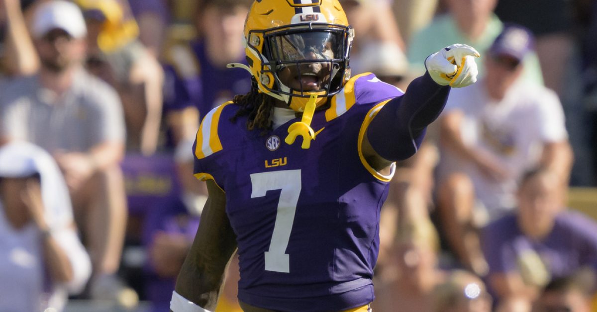 LSU linebacker Harold Perkins Jr. (7) signals during an NCAA football game against UCLA on Saturday, Sept. 21, 2024, in Baton Rouge, La. (AP Photo/Matthew Hinton)