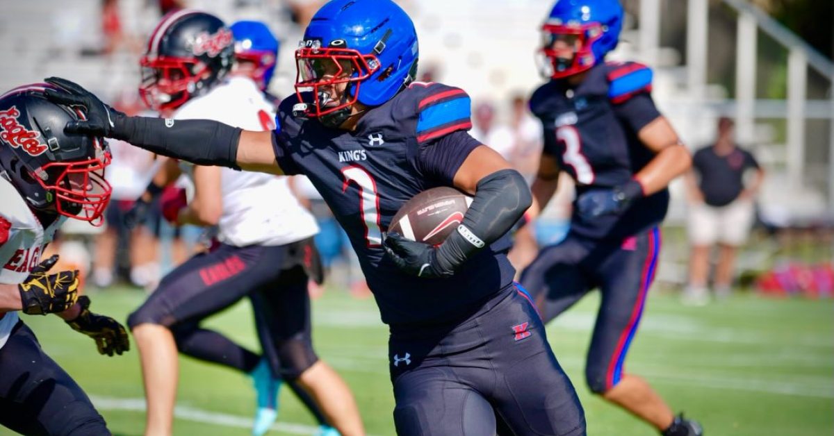 The King's Academy (West Palm Beach, FL) LB Levi Champion (#2, Black) stiff arms a player from Jupiter Christian following a 2 Interception performance in his spring game on May 21, 2026

Photo Credits: Derek Chirch, TKA Athletics
