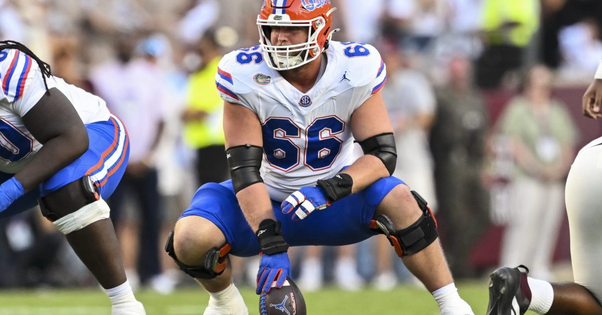 Oct 11, 2025; College Station, Texas, USA; Florida Gators offensive lineman Jake Slaughter (66) sets the ball during the first half against the Texas A&M Aggies at Kyle Field. Mandatory Credit: Maria Lysaker-Imagn Images