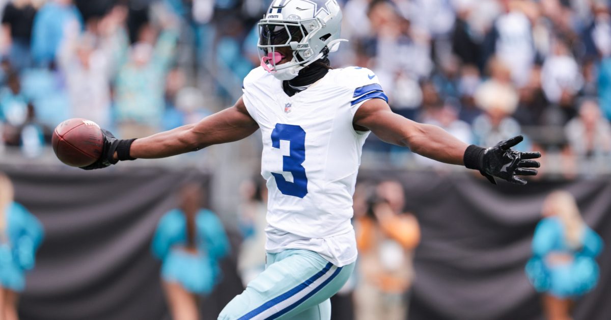 Oct 12, 2025; Charlotte, North Carolina, USA; Dallas Cowboys wide receiver George Pickens (3) celebrates a touchdown during the second half against the Carolina Panthers at Bank of America Stadium. Mandatory Credit: Scott Kinser-Imagn Images