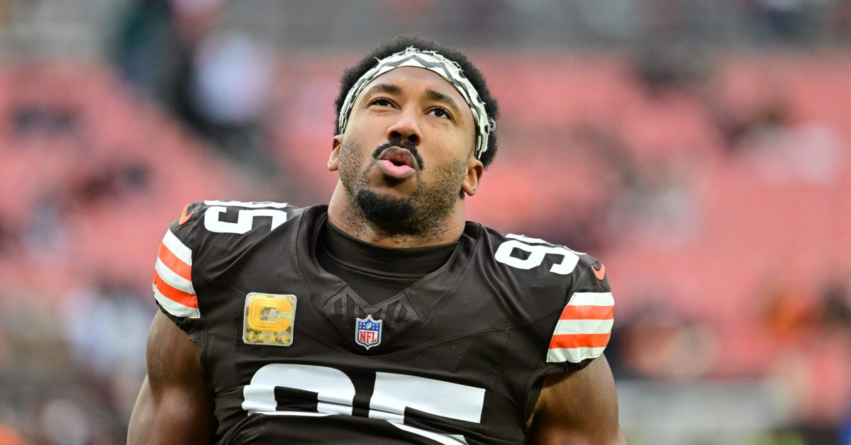 Nov 16, 2025; Cleveland, Ohio, USA; Cleveland Browns defensive end Myles Garrett (95) warms up before a game against the Baltimore Ravens at Huntington Bank Field. Mandatory Credit: Ken Blaze-Imagn Images