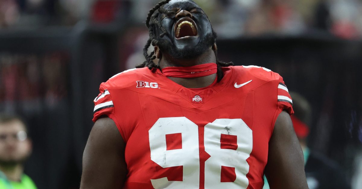 Dec 6, 2025; Indianapolis, IN, USA; Ohio State Buckeyes defensive lineman Kayden McDonald (98) reacts before the 2025 Big Ten championship game against the Indiana Hoosiers at Lucas Oil Stadium. Mandatory Credit: Trevor Ruszkowski-Imagn Images