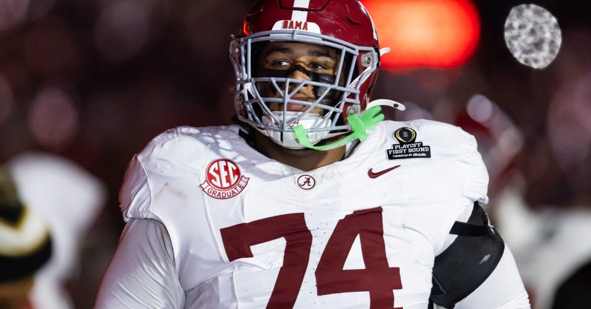 Dec 19, 2025; Norman, OK, USA; Alabama Crimson Tide offensive lineman Kadyn Proctor (74) against the Oklahoma Sooners during the CFP National Playoff First Round at Gaylord Family Oklahoma Memorial Stadium. Mandatory Credit: Mark J. Rebilas-Imagn Images