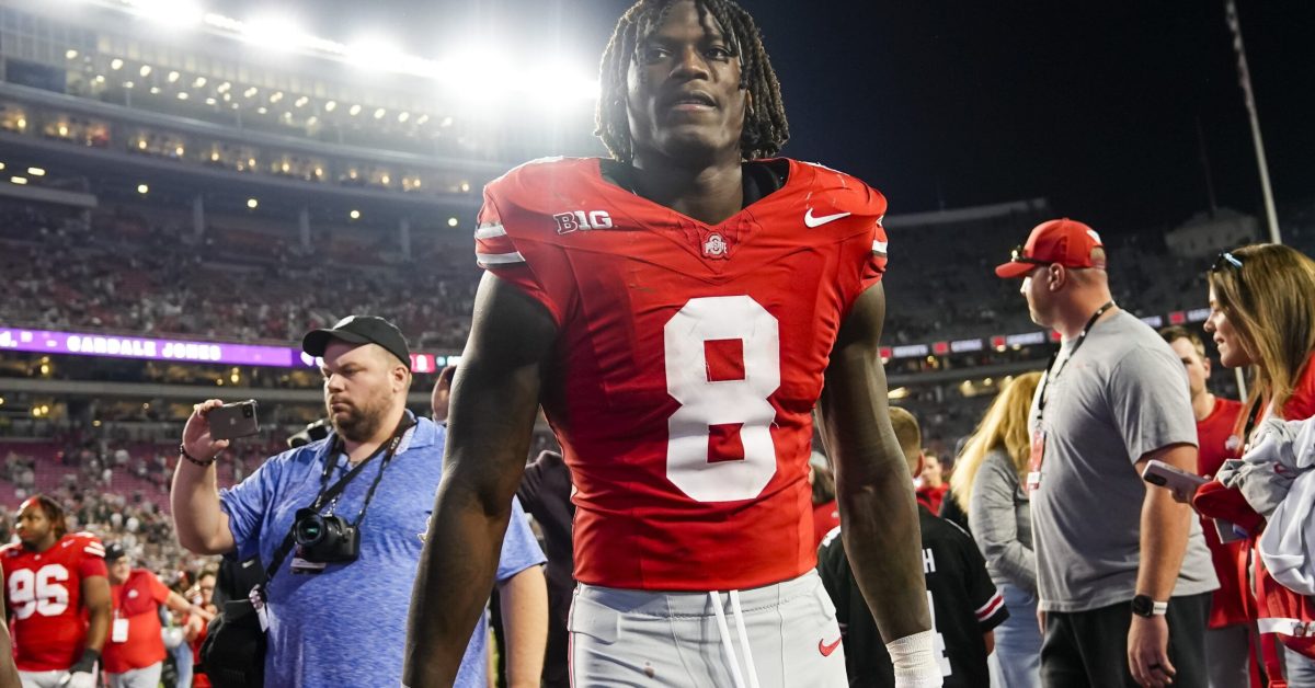 Ohio State Buckeyes linebacker Arvell Reese (8) leaves the field following the NCAA football game against the Ohio Bobcats at Ohio Stadium on Sept. 13, 2025. Ohio State won 37-9.