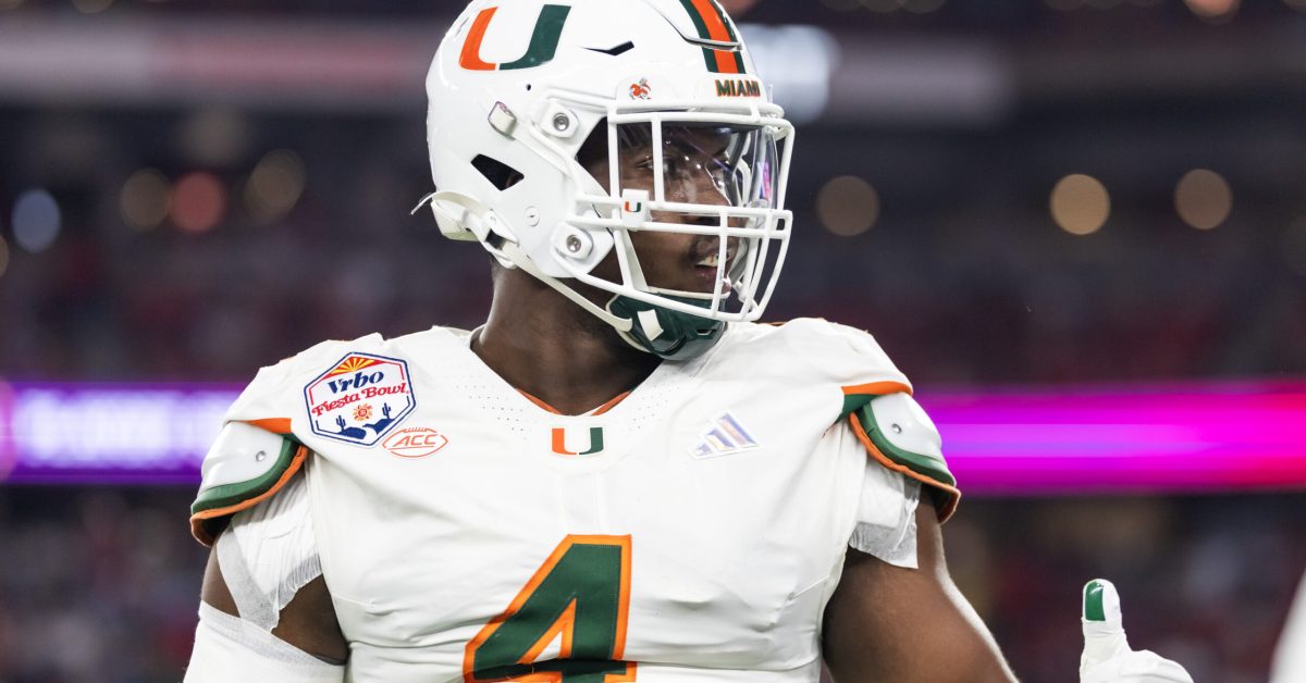 Jan 8, 2026; Glendale, AZ, USA; Miami Hurricanes defensive lineman Rueben Bain Jr. (4) against the Mississippi Rebels during the 2026 Fiesta Bowl and semifinal game of the College Football Playoff at State Farm Stadium. Mandatory Credit: Mark J. Rebilas-Imagn Images