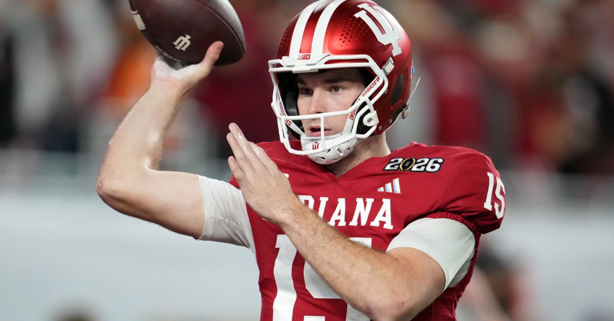 Jan 19, 2026; Miami Gardens, FL, USA; Indiana Hoosiers quarterback Fernando Mendoza (15) warms up before the CFP National Championship college football game between the Indiana Hoosiers and the Miami Hurricanes at Hard Rock Stadium. Mandatory Credit: Kirby Lee-Imagn Images