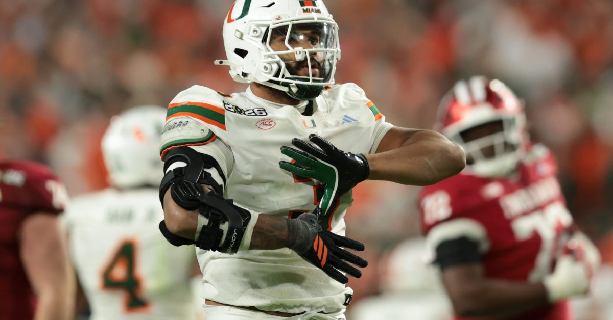 Jan 19, 2026; Miami Gardens, FL, USA; Miami Hurricanes defensive lineman Akheem Mesidor (3) celebrates after a sack against the Indiana Hoosiers in the third quarter during the College Football Playoff National Championship game at Hard Rock Stadium. Mandatory Credit: Sam Navarro-Imagn Images