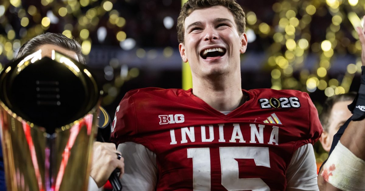 Jan 19, 2026; Miami Gardens, FL, USA; Indiana Hoosiers quarterback Fernando Mendoza (15) celebrates after defeating the Miami Hurricanes in the College Football Playoff National Championship game at Hard Rock Stadium. Mandatory Credit: Mark J. Rebilas-Imagn Images