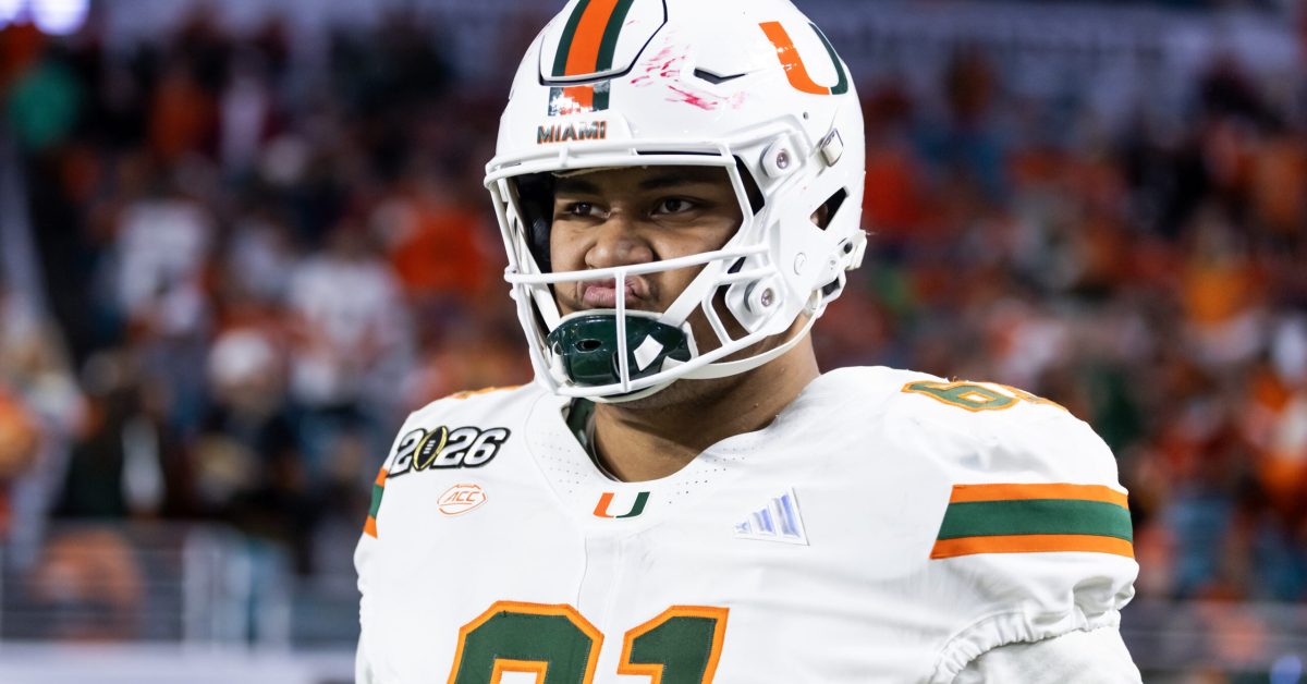 Jan 19, 2026; Miami Gardens, FL, USA; Miami Hurricanes offensive lineman Francis Mauigoa (61) against the Indiana Hoosiers during the College Football Playoff National Championship game at Hard Rock Stadium. Mandatory Credit: Mark J. Rebilas-Imagn Images