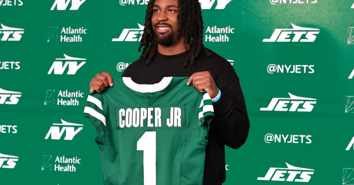 Apr 24, 2026; Florham Park, NJ, USA; New York Jets Draft pick, wide receiver Omar Cooper Jr. at Atlantic Health Jets Training Center. Mandatory Credit: Jess Stiles-Imagn Images