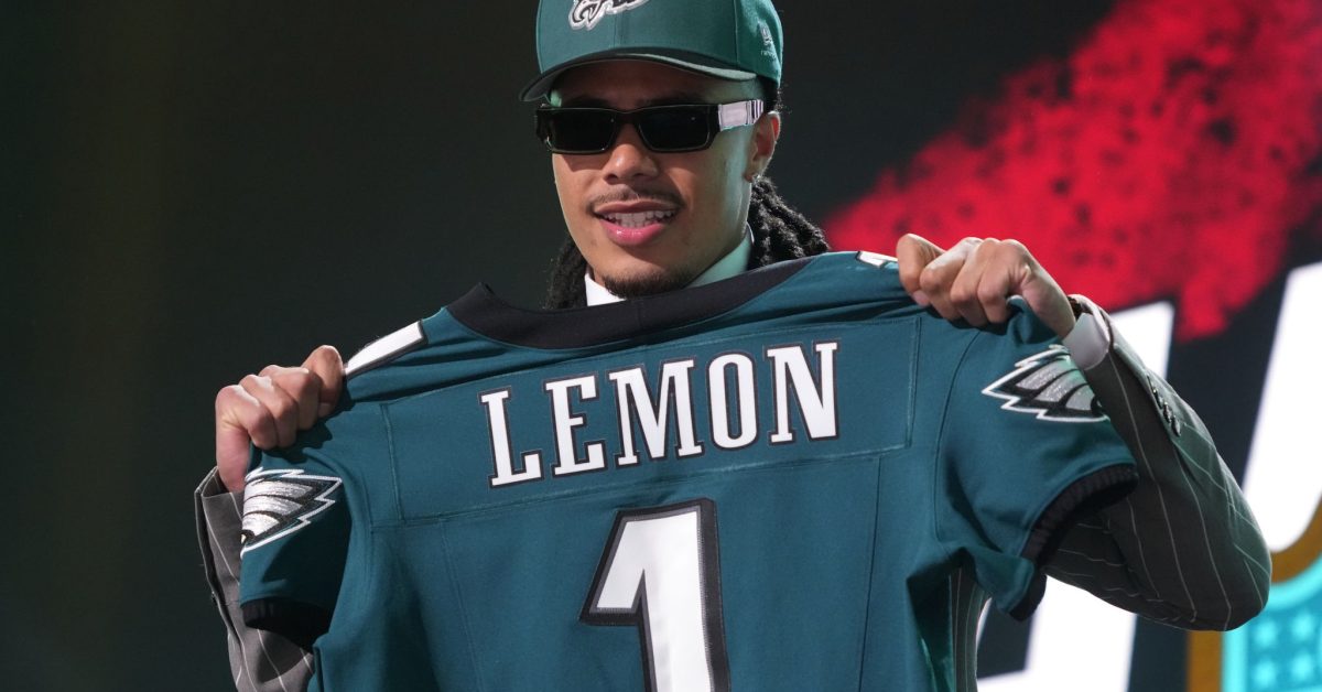 Southern California wide receiver Makai Lemon poses after being chosen by the Philadelphia Eagles with the 20th overall pick during the first round of the NFL football draft, Thursday, April 23, 2026, in Pittsburgh. (AP Photo/Gene J. Puskar)