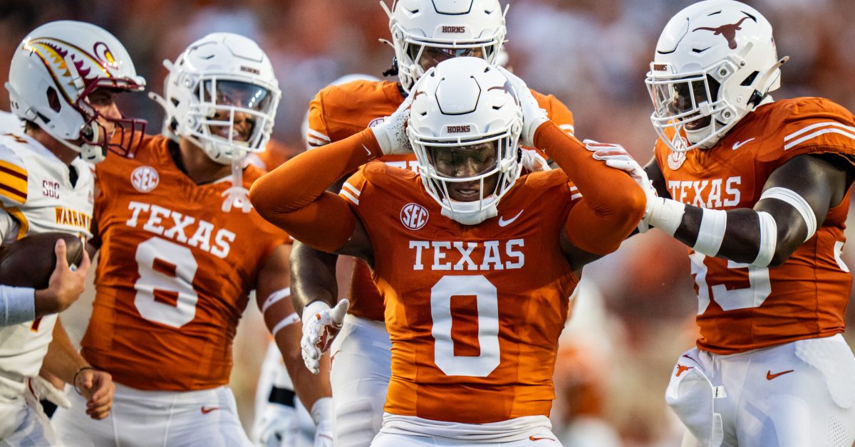 Sep 21, 2024; Austin, Texas, USA; Texas Longhorns linebacker Anthony Hill Jr. (0) celebrates sacking Louisiana Monroe Warhawks quarterback General Booty (14) in the first half of the Texas Longhorns' game against the ULM Warhawks at Darrell K Royal Texas Memorial Stadium. Mandatory Credit: Sara Diggins-Imagn Images